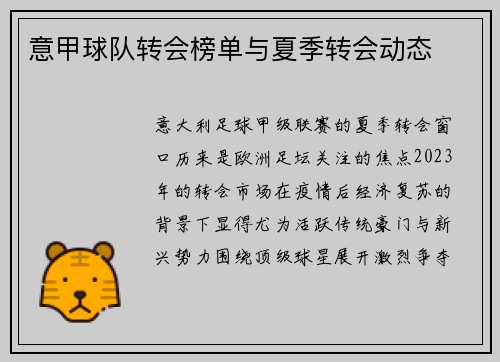 意甲球队转会榜单与夏季转会动态